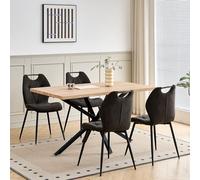 GrandCA HOME Juego de Mesa y Sillas de Comedor de 5 Piezas, Mesa Cuadrada de 140 cm, 4 Silla de Comedor Tapizada en Lino, Adecuado para Cocinas, Comedores (Madera Clara + Negro)