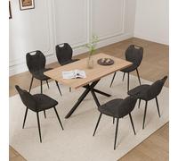 GrandCA HOME Juego de Mesa y Sillas de Comedor de 7 Piezas, Mesa Cuadrada de 140 cm, 6 Silla de Comedor Tapizada en Lino, Adecuado para Cocinas, Comedores (Madera Clara + Negro)