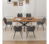 GrandCA HOME Juego de Mesa y Sillas de Comedor de 7 Piezas,Mesa Cuadrada de 140 cm,6 Silla de Comedor Tapizada en Lino,Adecuado para Cocinas,Comedores (veta de Madera Oscur Gris)