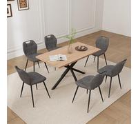 GrandCA HOME Juego de Mesa y Sillas de Comedor de 7 Piezas, Mesa Cuadrada de 140 cm,6 Silla de Comedor Tapizada en Lino, Adecuado para Cocinas, Comedores (Madera Clara + Gris)