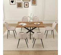 GrandCA HOME Juego de Mesa y Sillas de Comedor de 7 Piezas,Mesa Cuadrada de 140 cm,6 Silla de Comedor Tapizada en Lino,Adecuado para Cocinas,Comedores (veta de Madera Oscur Beige)