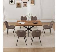 GrandCA HOME Juego de Mesa y Sillas de Comedor de 7 Piezas,Mesa Cuadrada de 140 cm,6 Silla de Comedor Tapizada en Lino,Adecuado para Cocinas,Comedores (veta de Madera Oscur Marrón