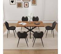 GrandCA HOME Juego de Mesa y Sillas de Comedor de 7 Piezas,Mesa Cuadrada de 140 cm,6 Silla de Comedor Tapizada en Lino,Adecuado para Cocinas,Comedores (veta de Madera Oscur Negro)