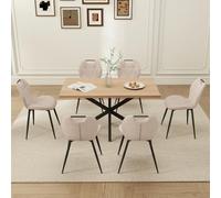 GrandCA HOME Juego de Mesa y Sillas de Comedor de 7 Piezas, Mesa Cuadrada de 140 cm, 6 Silla de Comedor Tapizada en Lino, Adecuado para Cocinas, Comedores (Madera Clara + Beige)