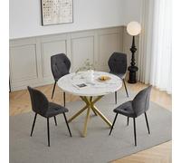 GrandCA HOME Juego de Mesa y Sillas de Comedor, Mesa de Comedor Redonda de 100 CM y 4 Sillas Modernas de Lino, para Comedor, Cocina, Sala de Estar (Mármol + Gris Oscuro)