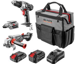GRAPHITE Zestaw E+: taladro (58G000), amoladora (58G003), adaptador USB (58G025), 2 baterías (58G001/04), cargador (58G002)