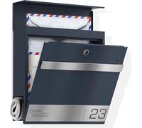 Graviers Design Buzón con compartimento para periódicos en antracita RAL 7016 - Buzón de correo personalizado de acero inoxidable grabado láser placa para nombre, número de casa, buzón de pared, buzón