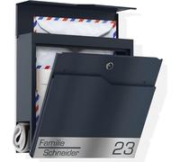 Graviers Design Buzón en antracita RAL 7016 - Buzón personalizado de acero inoxidable para nombres, número de casa, grabado con láser, con cerradura y compartimento para periódicos