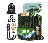 GREENGOF Manguera de Jardín Premium 30 Metros - Boquilla de Pulverización de 10 funciones, Ligera y Extensible - Conectores de Latón y Alta Resistencia con Núcleo de Látex - Color Verde.