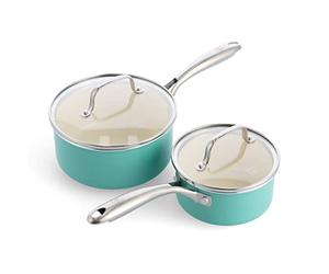 GreenLife Artizan Juego de Cacerola de Cerámica Saludable Antiadherente de 14 cm / 1 L y 18 cm / 2 L, Sin PFAS, Apta para Inducción, Apta para Lavavajillas, Apta para Horno,Turquesa
