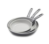 Greenpan Dover - Juego de sartenes antiadherentes de cerámica saludable, 8, 10 y 12 pulgadas, sin PFAS, aptas para lavavajillas, mango de agarre cómodo, color gris