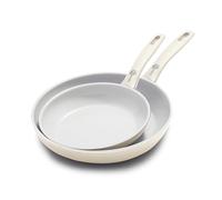 Greenpan Dover - Juego de sartenes antiadherentes de cerámica saludable, de 8 y 10 pulgadas, sin PFAS, aptas para lavavajillas, mango de agarre cómodo, color blanco crema