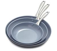GreenPan Lima - Juego de sartenes antiadherentes de cerámica saludable anodizadas duras de 8, 10 y 12 pulgadas, sin PFAS, aptas para horno, color gris