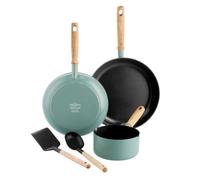 GreenPan Mayflower Juego de 5 Baterías de Cerámica Antiadherente, Incluye Sartenes, Cazuelas y Utensilios de Nylon, Mango de Madera Vintage, Libre de PFAS, Inducción, Azul Ahumado