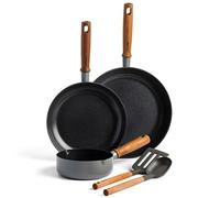 GreenPan Mayflower Pro juego de olla y sartén de 5 piezas de cerámica sana antiadherente anodizada, mango de madera vintage, sin PFAS, apto para inducción, Gris Marengo