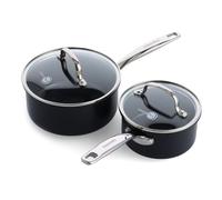 GreenPan Prime Midnight - Juego de cacerolas antiadherentes de cerámica saludable anodizada dura, de 1 cuarto y 2 cuartos con tapas, sin PFAS, apto para lavavajillas, apto para horno, color negro