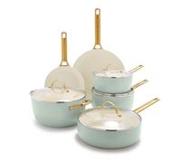 GreenPan Reserve Juego de batería de cocina Antiadherente de Cerámica Sana Anodizada Dura,10 Piezas,Mango Dorado, Incluye Sartenes y Ollas, Sin PFAS,Apto para Inducción y Horno, Verde Menta