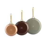 GreenPan Shades Juego de sartenes antiadherentes de cerámica de 3 piezas, Ø 20/24/28 cm, Ø 20/24/28 cm, Apto para inducción, Mango dorado de acero inoxidable, apto para lavavajillas, Horno, Terra