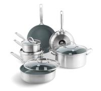 GreenPan Treviso Juego de 10 Ollas y Sartenes de Acero Inoxidable con Revestimiento de Cerámica Antiadherente, Incluye Sartén Cacerola y Ollas, Sin PFAS, Apto para Inducción, Horno y Lavavajillas,Gris