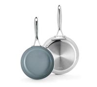 Greenpan Valencia Pro - Juego de sartenes de acero inoxidable de tres capas de 8 y 10 pulgadas, revestimiento antiadherente de cerámica saludable sin PFOA, utensilios de cocina multirevestimiento,