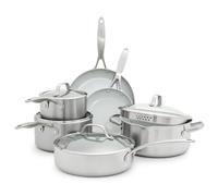 GreenPan Venice Pro Juego de 10 Ollas y Sartenes de Acero Inoxidable Triplemente Cerámico Antiadherente, Sin PFAS, Multicapa, Inducción, Apto para Lavavajillas, Apto para Horno, Plateado