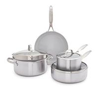 GreenPan Venice Pro Juego de Sartenes y Ollas de 7 Piezas de Acero Inoxidable Sano con Cerámica Antiadherente, Sin PFAS, Multicapa, Inducción, Apto para Lavavajillas, Apto para Horno, Plateado