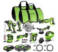 Greenworks 24V 10-Tool (Taladro, Destornillador impacto, circular, Sierra alternativa, Sierra de calar, Lijadora, Linterna, Herramienta multifunción, Clavadora, Amoladora angular) Batteries,