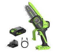 Greenworks 24V 10cm Eléctrica Motosierra Mini Sin Escobillas, Motosierra a Batería Inalámbrica con Batería de 2 Ah y Cargador USB C de 30 W, Sistema de Aceite Automático, Velocidad de Corte 7,8 m/s