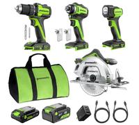 GREENWORKS 24V 4-Tool (Taladro de 45 Nm + Destornillador impacto 220 Nm + Sierra circular de 165mm + Linterna de 200 Lm), Baterías USB-C de 4,0 Ah y 2,0 Ah, 2 cables, Cargador rápido de 65 W, CK341
