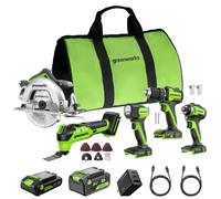 GREENWORKS 24V 5-Tool (Taladro + Destornillador de impacto + Sierra circular + Herramienta multifunción + Linterna), Baterías USB-C de 4,0 Ah y 2,0 Ah, 2 cables, Cargador rápido de 65 W, CK351
