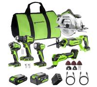 GREENWORKS 24V 6-Tool (Taladro, Destornillador impacto, Sierra circular, Sierra alternativa, Herramienta multifunción, Linterna), 2 Baterías USB-C,2 cables, Cargador rápido de 65 W CK361