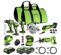 GREENWORKS 24V 8-Tool (Taladro, Destornillador impacto, circular, Sierra alternativa, Sierra de calar, Herramienta multifunción, Lijadora, Linterna), 3 Baterías USB-C, 2 cables, Cargador 65 W, CK381