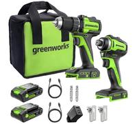 Greenworks 24V Cordless Brushless 45Nm Taladros atornilladores+220Nm Atornillador de impacto a batería Combo, alto par, ligero, (2) baterías USB-C de 2.0Ah y cargador rápido USB-C de 65W CK321