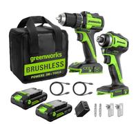 Greenworks 24V Cordless Brushless 45Nm Taladros atornilladores+220Nm Atornillador de impacto a batería Combo, alto par, ligero, (2) baterías USB-C de 2.0Ah y cargador rápido USB-C de 65W CK321