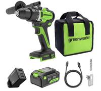 Greenworks 24V Cordless Brushless 90Nm Taladros atornilladores, Grado profesional, embrague 21, batería USB-C de 4.0Ah, cargador rápido USB-C de 65W (3 puertos) y cable USB C a USB C DD590