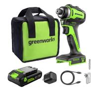 Greenworks 24V Destornillador de impacto inalámbrico sin escobillas, 220 Nm, portabrocas hexagonal de 6,35 mm. Batería USB-C de 2,0 Ah, cargador 30 W y cable trenzado de 1 m. Compatible ID3220
