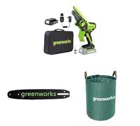 Greenworks 24V Mini Motosierra 10cm Motosierra a batería sin cable alimentada por una batería de 2Ah + barra de la motosierra 2954807 + Bolsa de residuos de jardín 120l