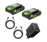 Greenworks 2Pack Batería Recargable de Alta Potencia de 24 V 2 Ah con USB-C, Cargador USB-C de 65 W y Cable de 100 W, 2 años de garantía - K2D4DEA