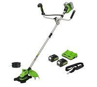 Greenworks 48V (24V x 2) Desbrozadora a Batería, Motor sin Escobillas, Arnés, Mango de Bicicleta, Ancho Corte 38 cm, Hilo Nylon 2 mm, Cuchilla 25 cm, Dos Baterías 4Ah y Cargador GD24X2BCBK4x