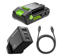 Greenworks Batería USB-C de Alta Potencia de 24 V y 2 Ah y Cargador USB-C de 65 W y Cable de 100 W, batería de Iones de Litio Adecuada para Todos los Dispositivos Greenworks de 24 V de 24 V, K2S2BEA