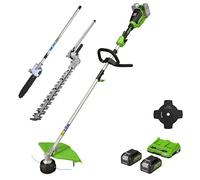 Greenworks Cortabordes Eléctrico y Desbrozadora 48V(2×24V) 40cm, Accesorio de Cortasetos, Motosierra Pértiga como Accesorio con 2 Baterías 4Ah y Cargador Doble