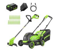 Greenworks Cortacésped con batería de 24 V y Cortador de Bordes, Motor sin escobillas, cortadora de césped de 33 cm con Cesta de 30 L, Cortador de Bordes Ajustable de 25 cm, Incluye batería de 24 V y