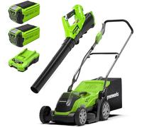 Greenworks Cortacésped de Batería , Ancho de Corte 35 cm, MÁS Dos Baterías y Un Cargador G40LM35K2X + Greenworks Soplador de Hojas a Batería Axial, SIN Batería de 40V y Cargador G40AB