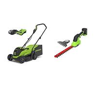 Greenworks Cortacésped de batería GD24LM33K2 (Li-Ion 24V 33cm a Incluye batería de 2Ah y cargador)+Greenworks 2in1 tijeras de batería para arbustos y césped G24SHT,Li-Ion 24V