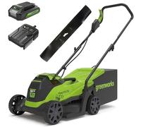 Greenworks Cortacésped de batería GD24LM33K2 (Li-Ion 24V 33cm Ancho Corte hasta 280m² 30L recogedor de Hierba 5 Veces Incluye batería de 2Ah y Cargador) + Cuchilla de Repuesto de 33 cm