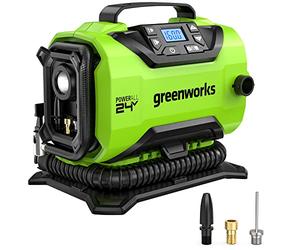 Greenworks G24IN Inflador Inalámbrico y Deflactor, 11 bar, Baja o Alta Presión, Apagado Automático con 3 Adaptadores y Manguera de 0,5 m SIN Batería de 24V y Cargador, Garantía de 3 Años
