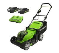 Greenworks G24X2LM41K2X Cortacésped de Batería para Céspedes de Hasta 220 m², Ancho de Corte 41 cm, Bolsa de 50L MÁS Dos Baterías de 2 x 24V (Equivalente a 48V) de 2Ah y Cargador Doble