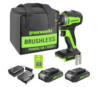 Greenworks Kit de destornillador de impacto inalámbrico sin escobillas de 24 V, par de torsión de 1950 pulgadas/libras, pinza hexagonal de 1/4 pulgadas, velocidad variable, 2 baterías de 2 Ah con