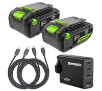 Greenworks Paquete de 2 baterías USB-C de alta potencia de 24 V 4 Ah y cargador USB-C de 65 W y cable de 100 W, batería de iones de litio adecuada para todos los dispositivos Greenworks de 24 V de 200