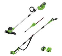 Greenworks recortadora de hilo G40LT y podadora con batería y cortasetos telescópico 2en1 G40PSH, Li-Ion 40V ancho de corte 30cm 7000 rpm mango telescópico de 240cm con 2 baterías 2Ah y cargador
